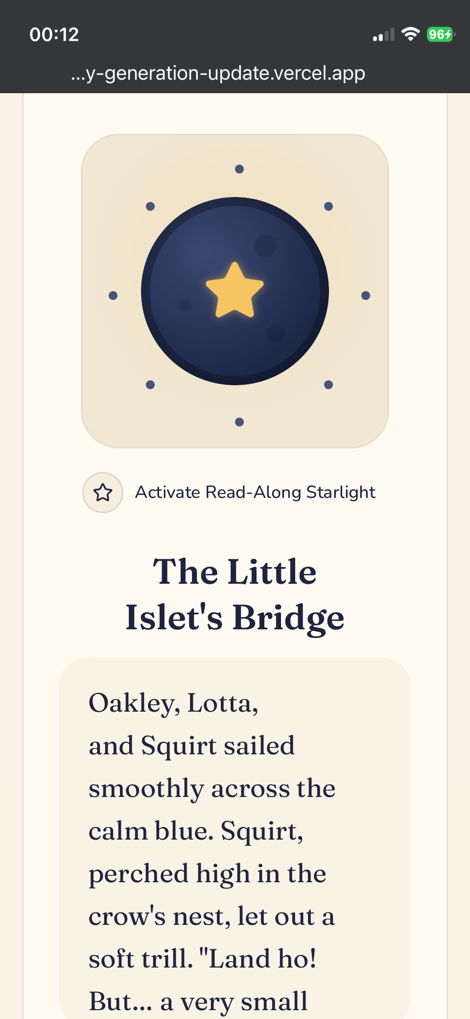 The Toothbrush Tales app showing tonight's story, 'The Little Islet's Bridge,' beneath the moon-and-star brushing timer