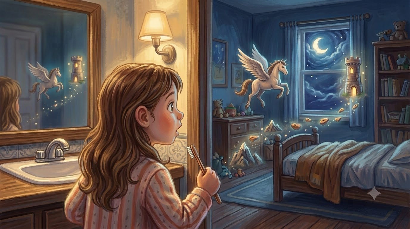 A girl in striped pajamas brushing her teeth at the bathroom mirror as her bedroom becomes a magical world — a winged pegasus in flight, a glowing castle tower, and floating stepping-stones beneath a crescent moon