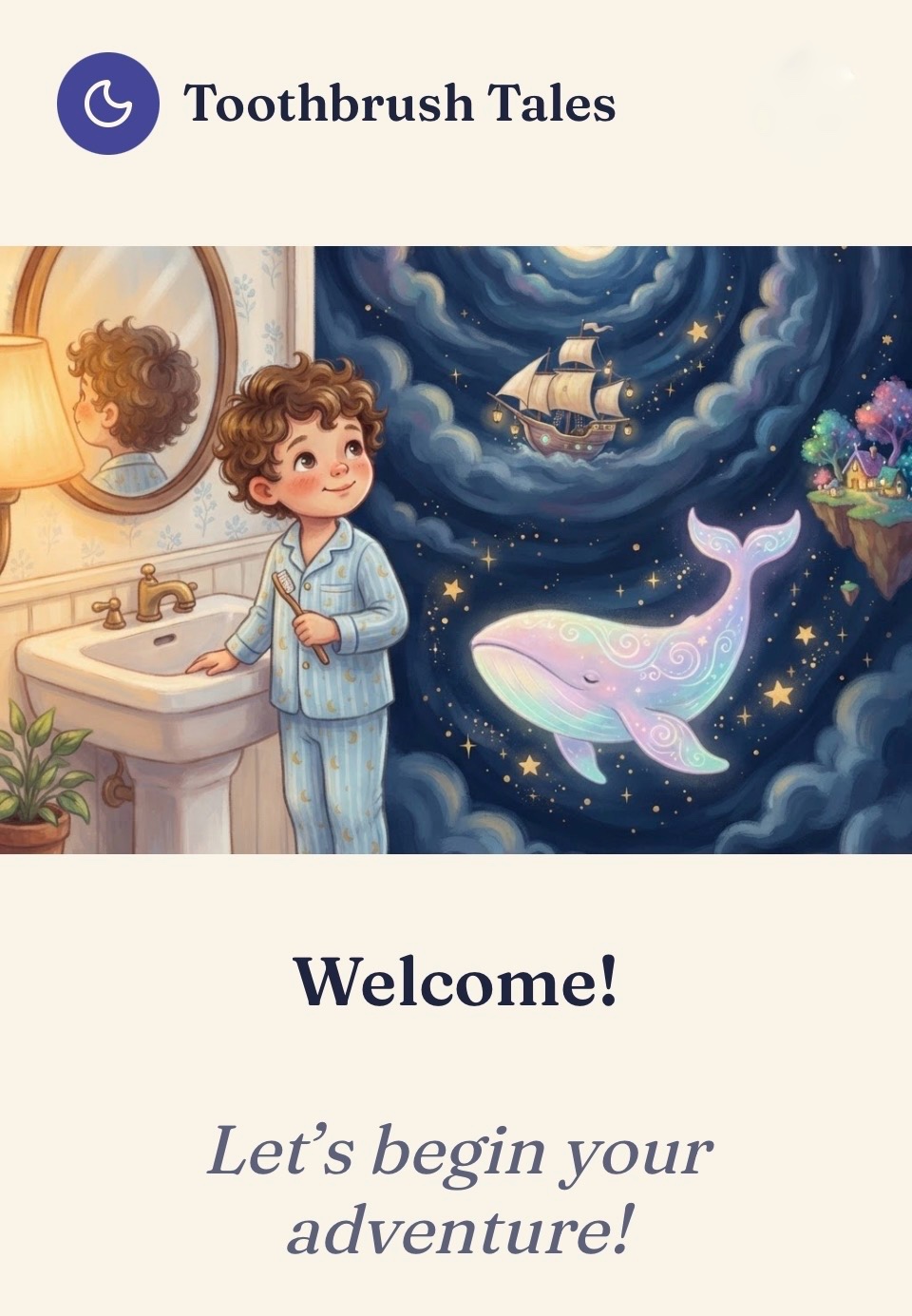 A child in pajamas brushing their teeth at the sink as a magical dreamscape — a sailing ship, a glowing whale, and a floating village among the stars — unfolds from the mirror